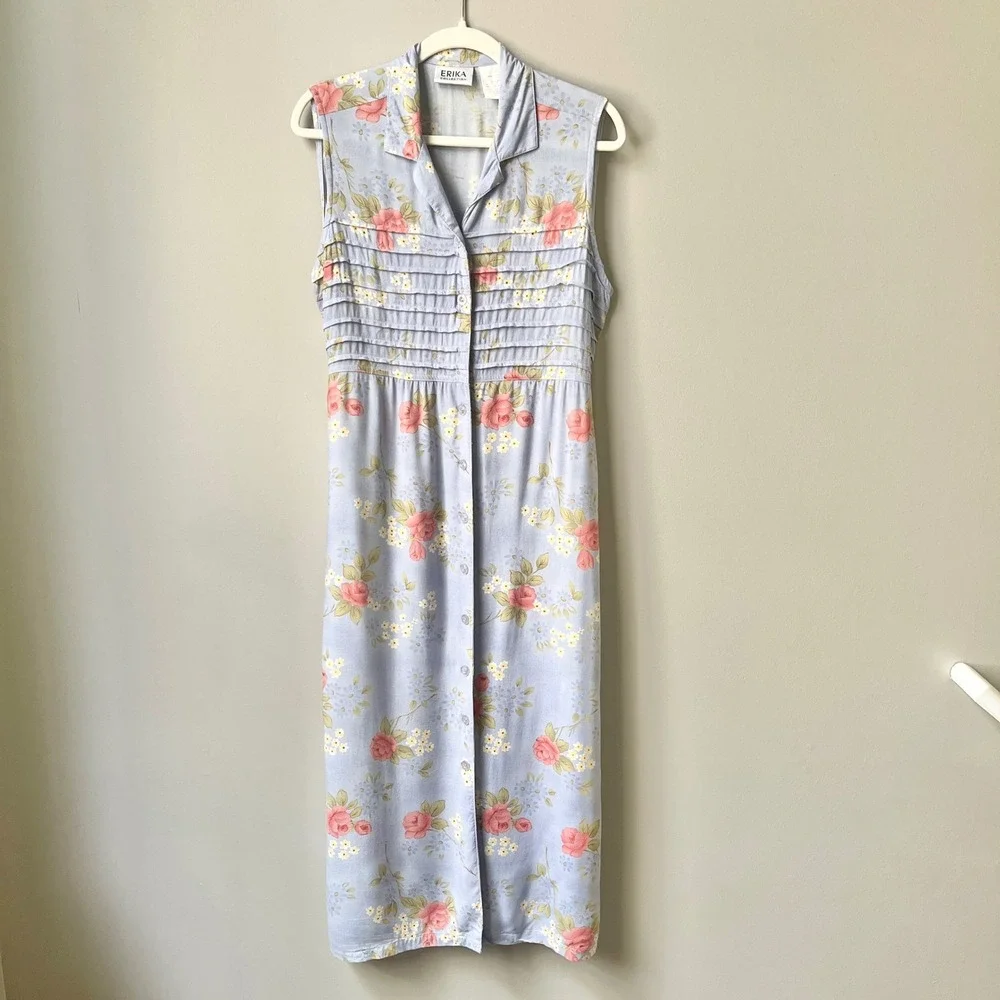 Vintage Dress Women's Medium Periwinkle Blue Floral Cottage Midi Garden 90s Boho